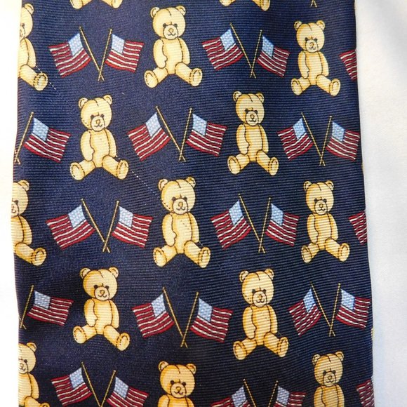 BeauFort Tie Rack Silk Made In Italy Teddy Bear and USA Flags - Picture 2 of 5